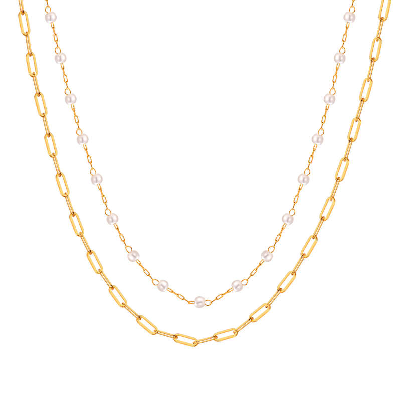 Wholesale Stainless Steel Layered Pearl Papaerclip Necklace