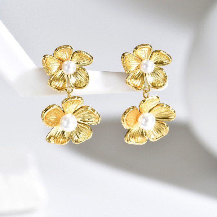 Wholesale Stainless Steel Double Flower Stud Earrings