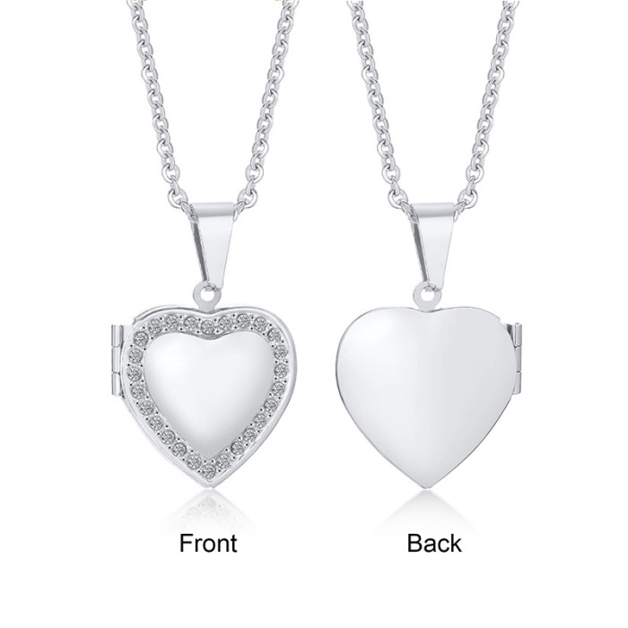 Wholesale Stainless Steel Photo Engraved CZ Heart Frame Pendant