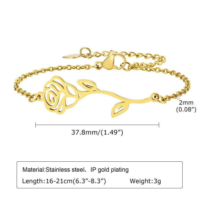 Wholesale Stainless Steel Rose Flower Link Chain Bracelet
