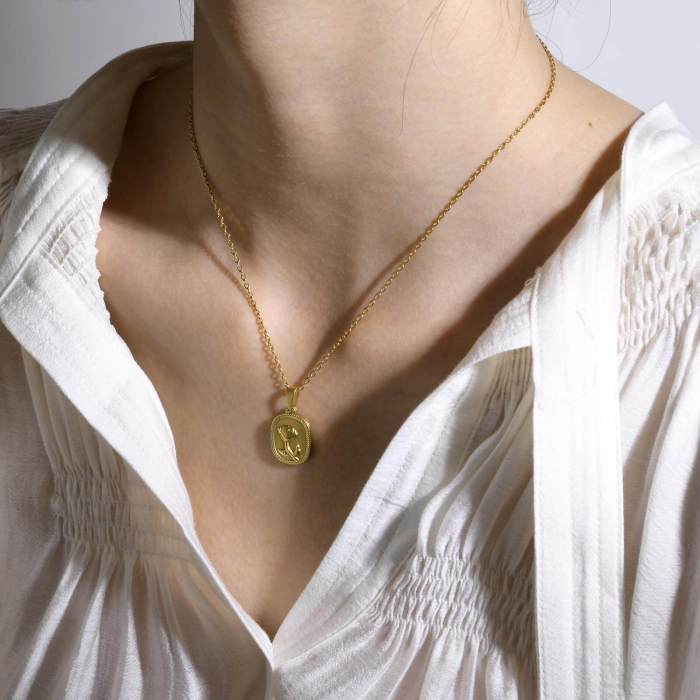 Wholesale Stainless Steel Gold Rose Square Pendant