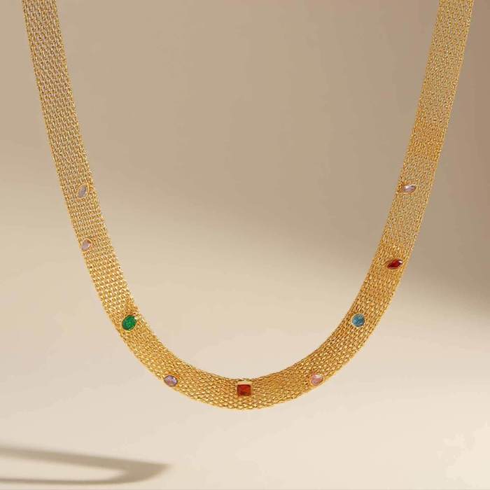 Wholesale Stainless Steel Mesh Necklace with Colored Zirconia