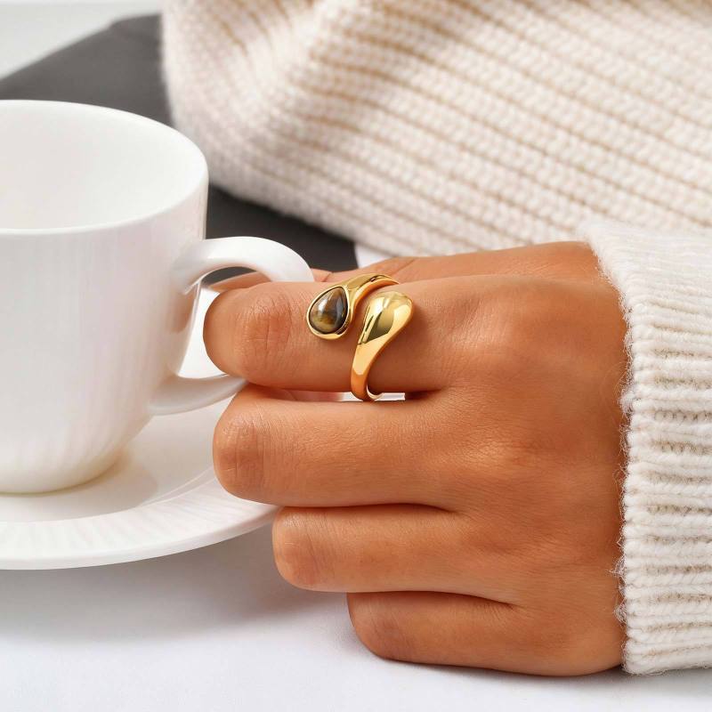 Wholesale Stainless Steel Sculptural Gold Tiger Eye Statement Ring