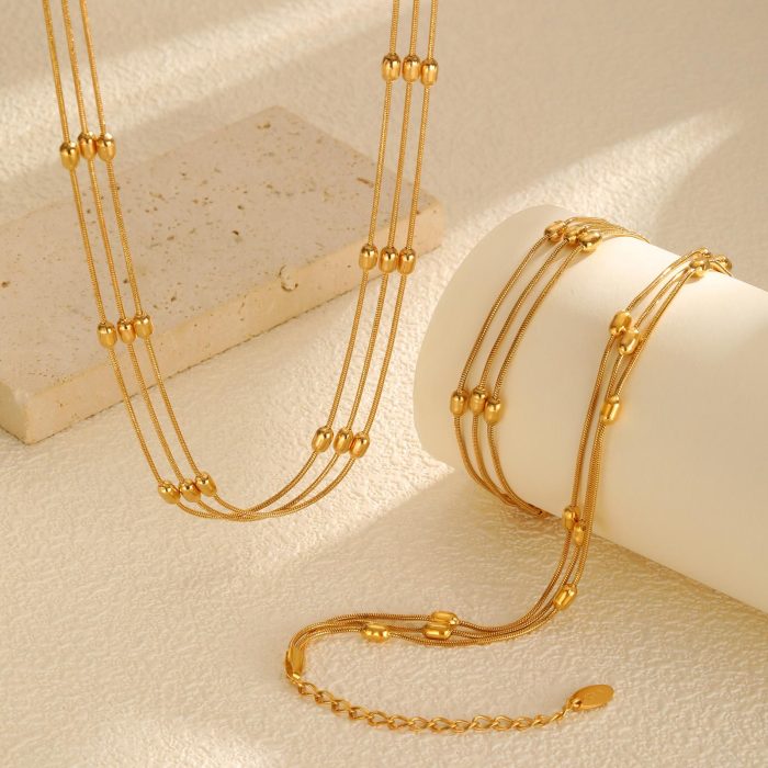 Wholesale Stainless Steel Three layers Beaded Round Snake Chain Set