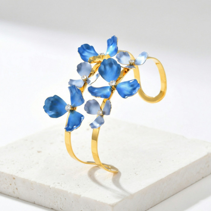Wholesale Stainless Steel Blue Enamel Flower Open Bangle