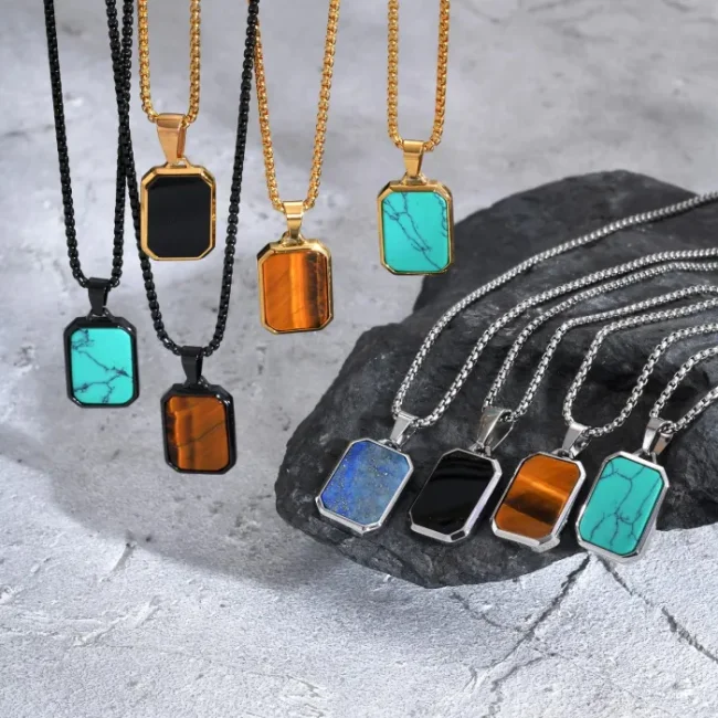 Wholesale Stainless Steel Men Octagonal Pendant with Stone