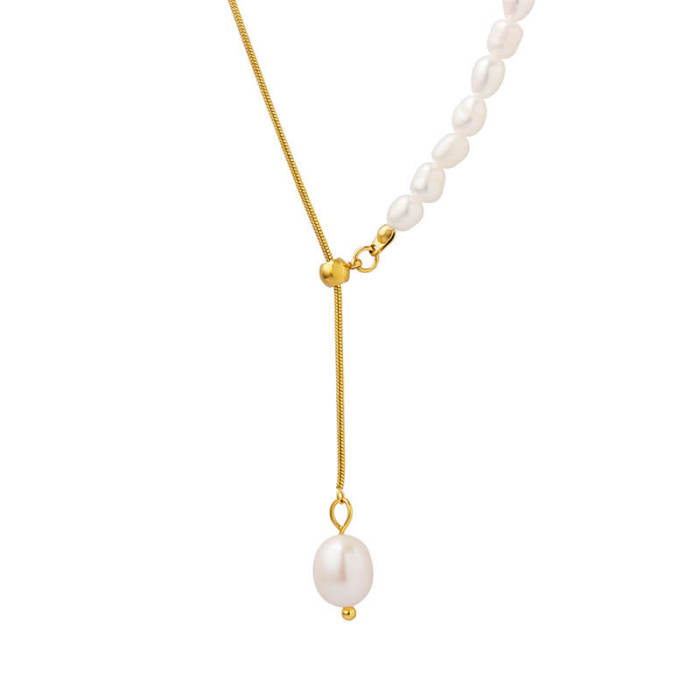 Wholesale Stainless steel Half Pearls & Snake Chain Necklace