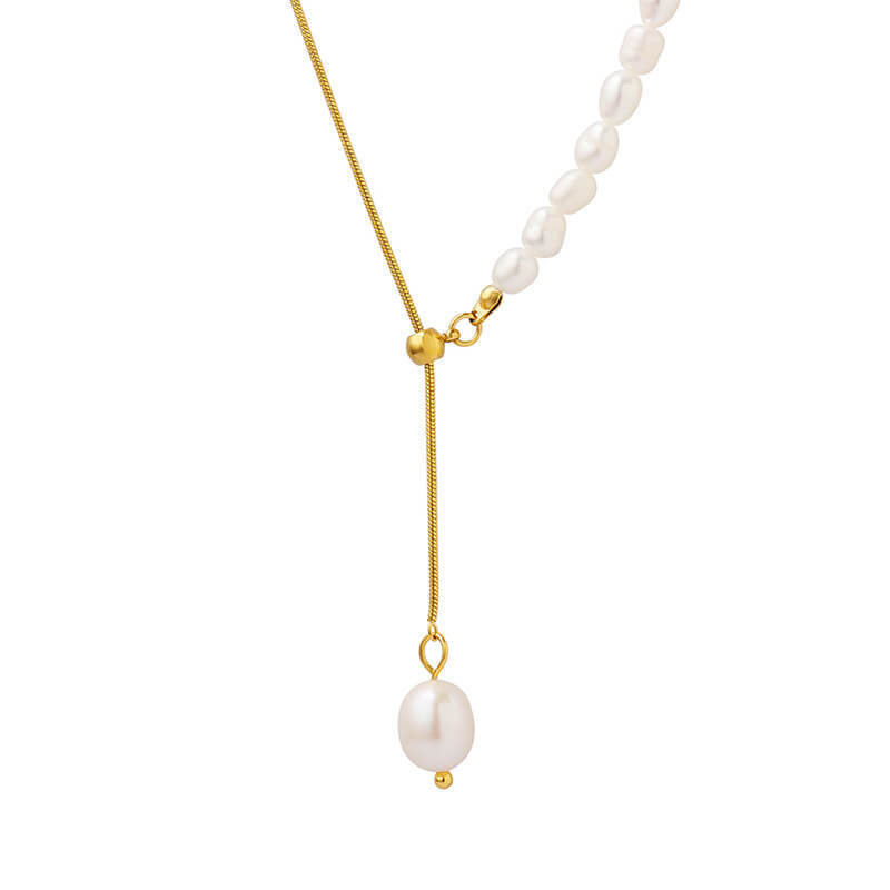 Wholesale Stainless steel Half Pearls & Snake Chain Necklace