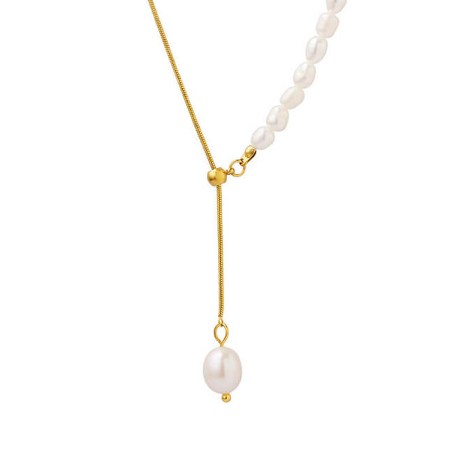 Wholesale Stainless steel Half Pearls & Snake Chain Necklace