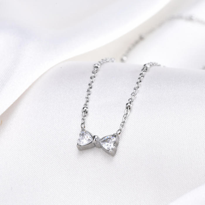 Wholesale Stainless Steel Mini CZ Bow Necklace