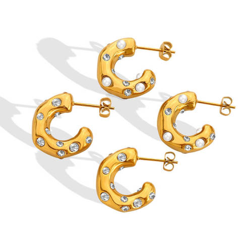 Wholesale Stainless Steel C-shaped Inlay CZ Imitation Pearl Earrings