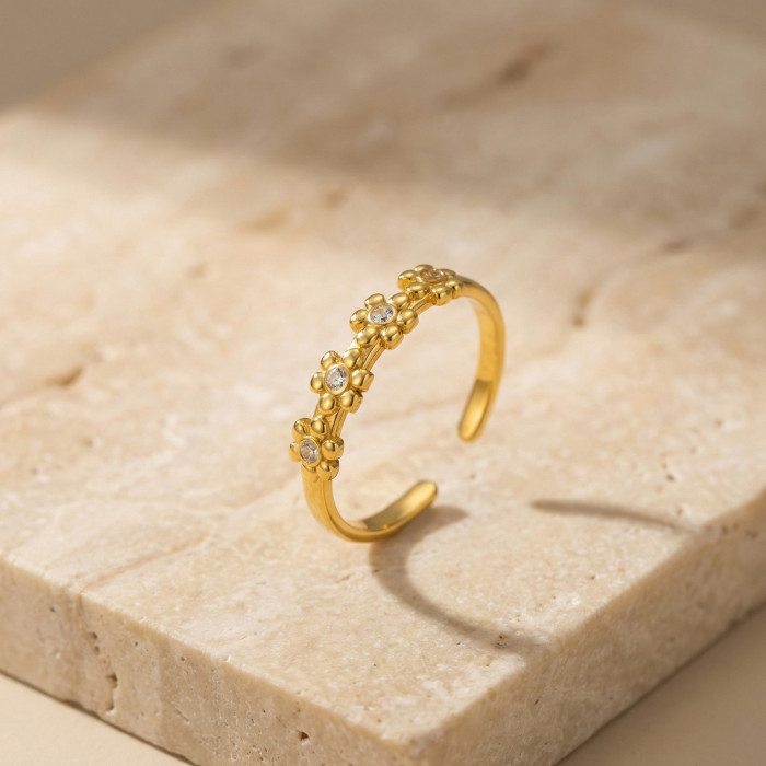 Wholesale Stainless Steel Five-Flower Zircon Open Ring