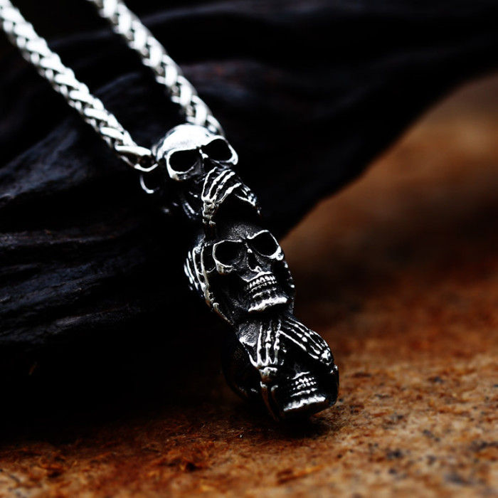 Wholesale Stainless Steel See No Evil, Hear No Evil, Speak No Evil Skull Pendant