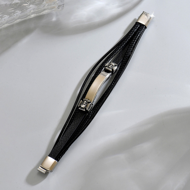Wholesale Stainless Steel Skull Cross Leather Bracelet