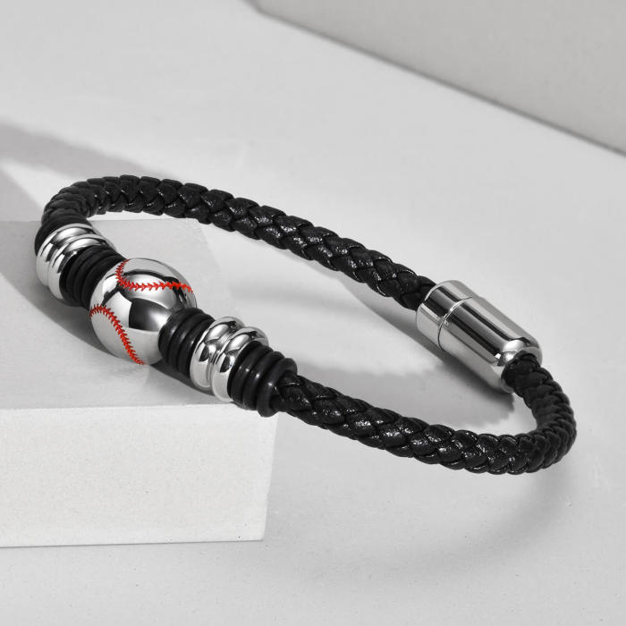 Wholesale Stainless Steel Baseball Patterned Leather Bracelet