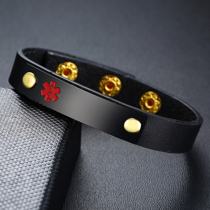 Wholesale Stainless Steel Leather Medical Alert ID Bracelet