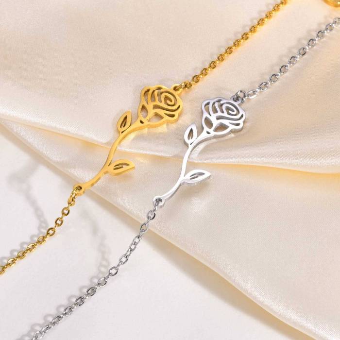 Wholesale Stainless Steel Rose Flower Link Chain Bracelet