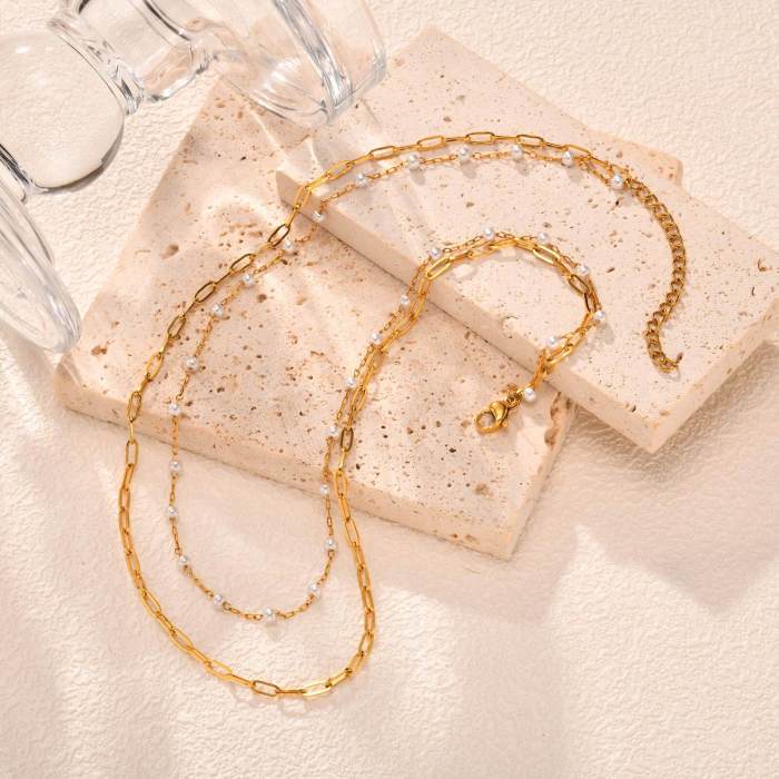 Wholesale Stainless Steel Layered Pearl Papaerclip Necklace
