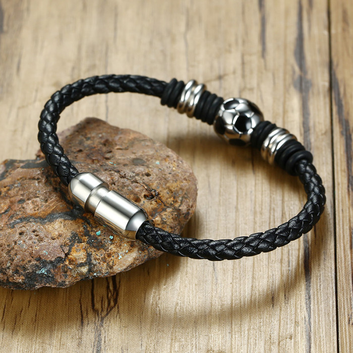Wholesale Stainless Steel Football Magnetic Buckle Weaving Leather Bracelet