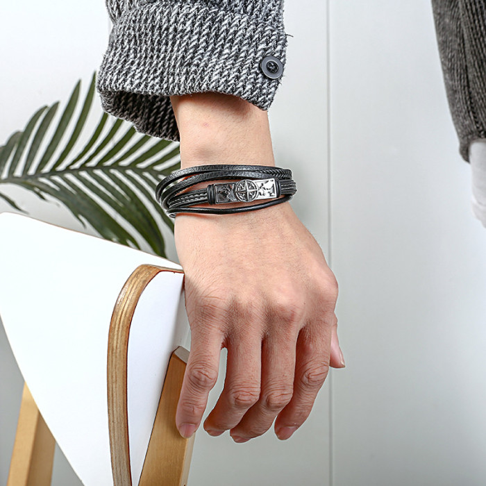 Wholesale Stainless Steel Hip-Hop Retro Compass Leather Bracelet