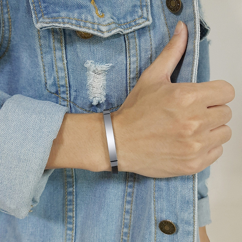 Wholesale Stainless Steel Women Engravable Black Leather ID Bracelet