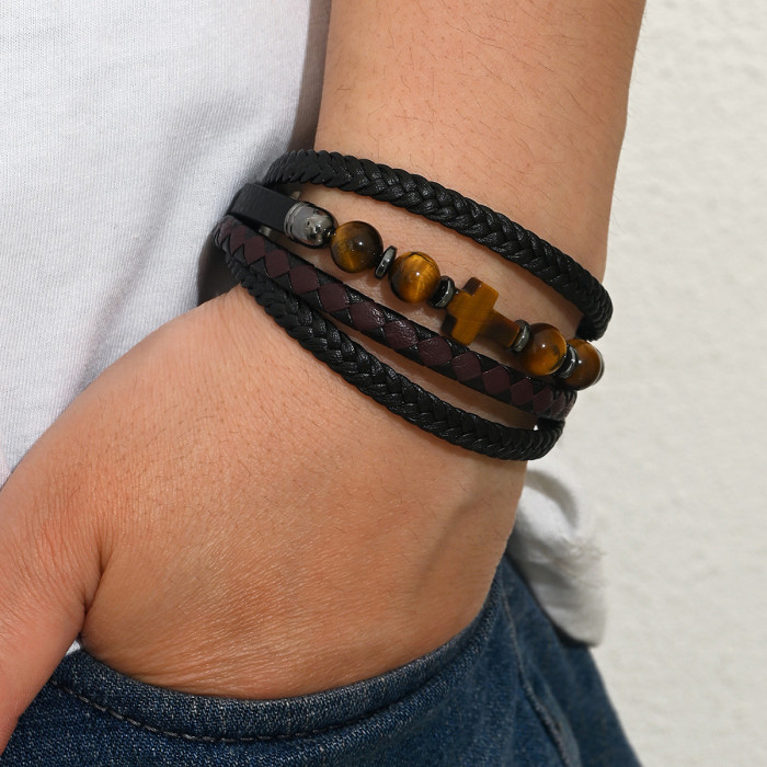 Wholesale Men's Tiger Eye Cross Leather Bracelet