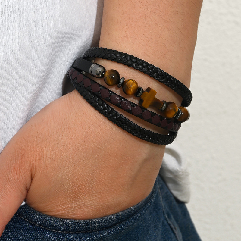 Wholesale Men's Tiger Eye Cross Leather Bracelet