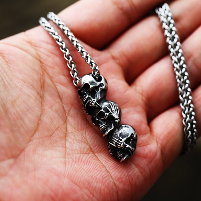 Wholesale Stainless Steel See No Evil, Hear No Evil, Speak No Evil Skull Pendant
