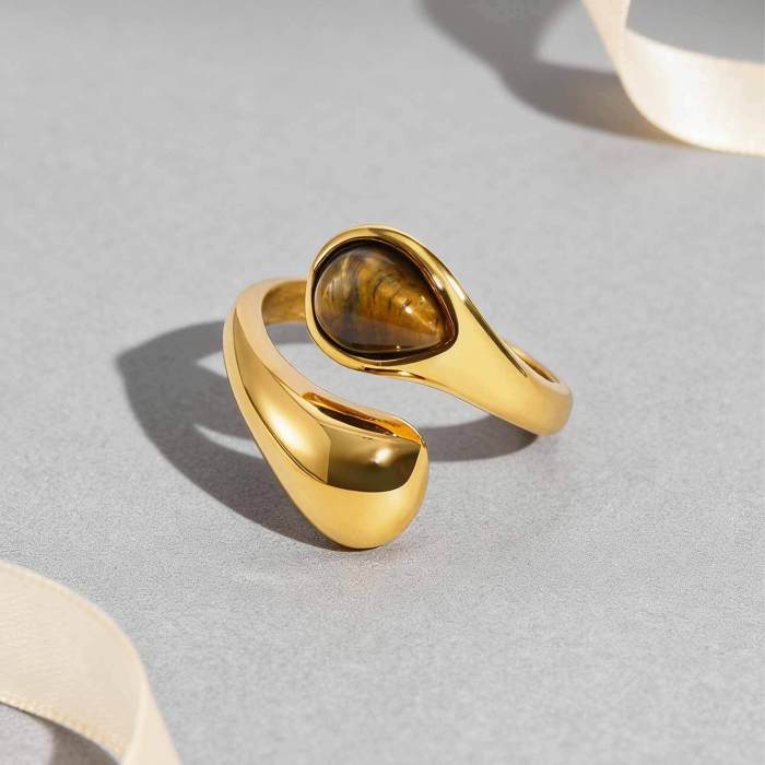 Wholesale Stainless Steel Sculptural Gold Tiger Eye Statement Ring