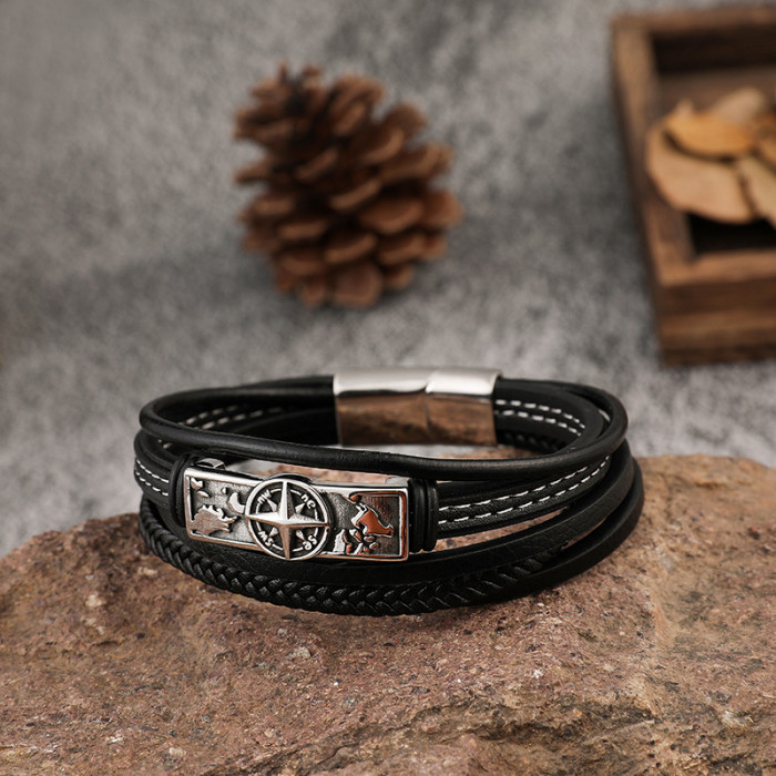 Wholesale Stainless Steel Hip-Hop Retro Compass Leather Bracelet