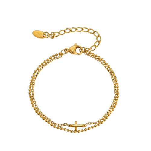 Wholesale Stainless Steel Double Layer Cross & Bead Bracelet