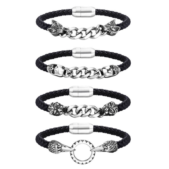 Wholesale Stainless Steel Chain and Leather Bracelet