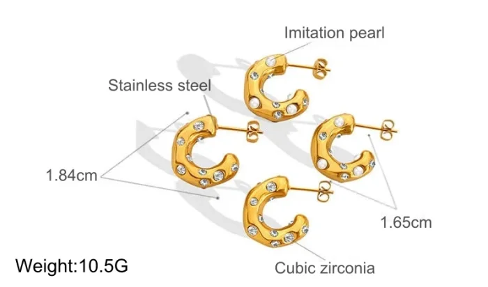 Wholesale Stainless Steel C-shaped Inlay CZ Imitation Pearl Earrings