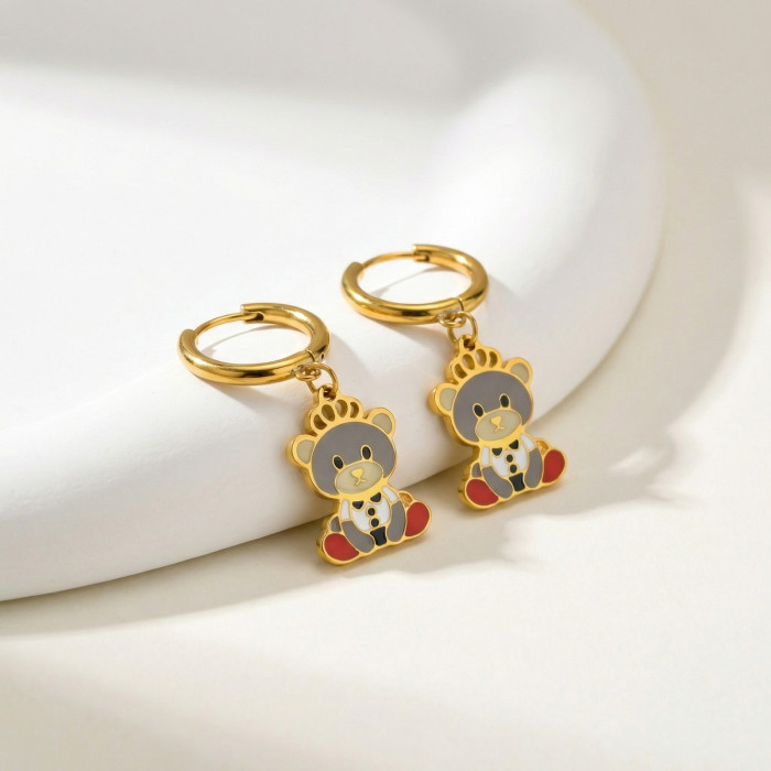 Wholesale Stainless Steel Enamel Bear Hoop Earrings