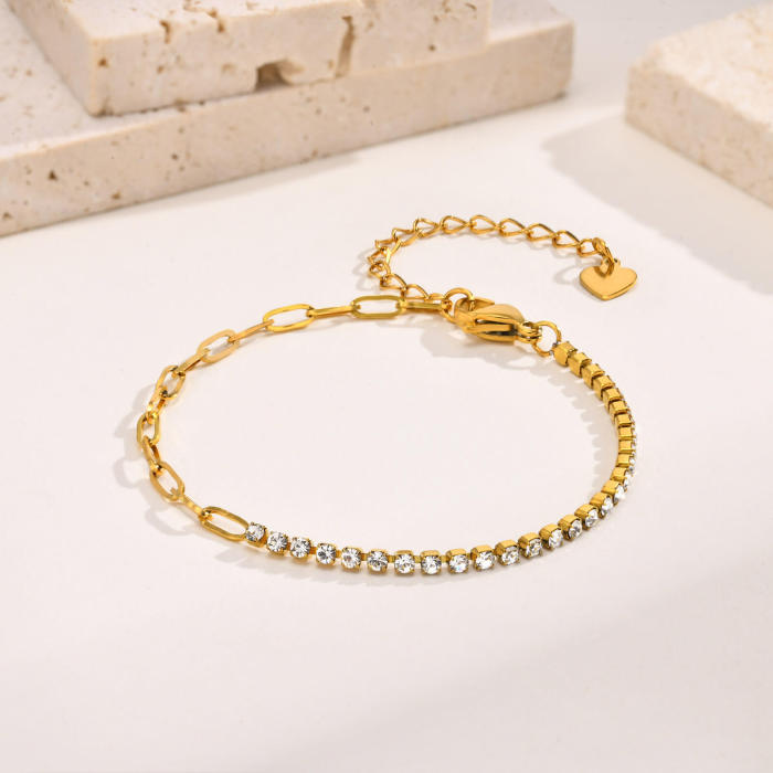 Wholesale Stainless Steel Half Tennis Half Paperclip Bracelet