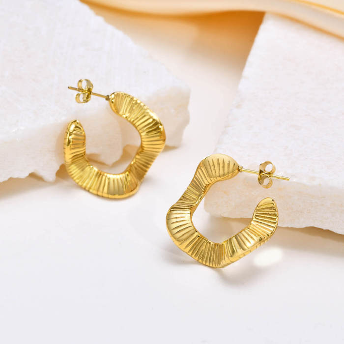 Wholesale Stainless Steel Flat Pleated Hoop Earrings