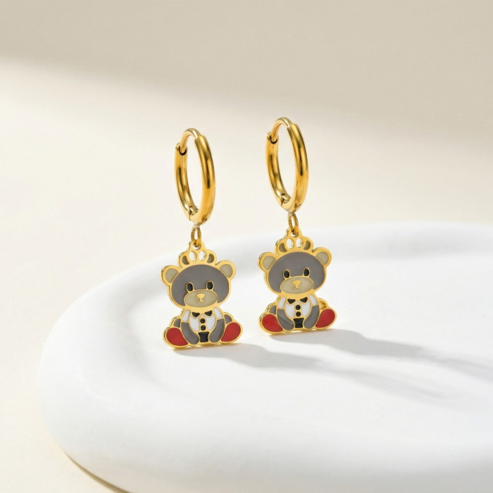 Wholesale Stainless Steel Enamel Bear Hoop Earrings