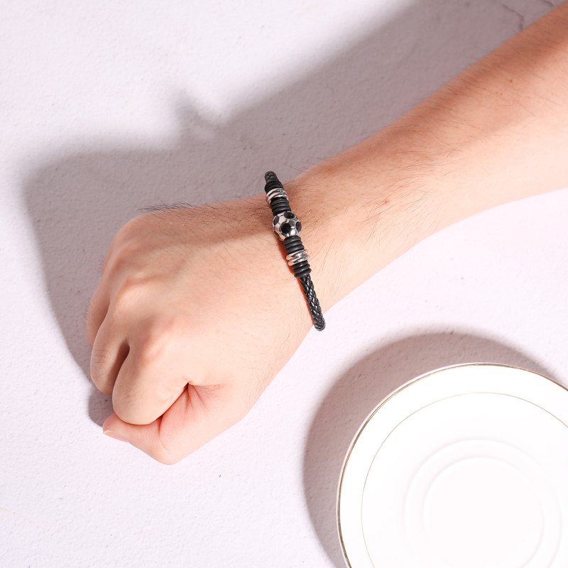 Wholesale Stainless Steel Football Magnetic Buckle Weaving Leather Bracelet
