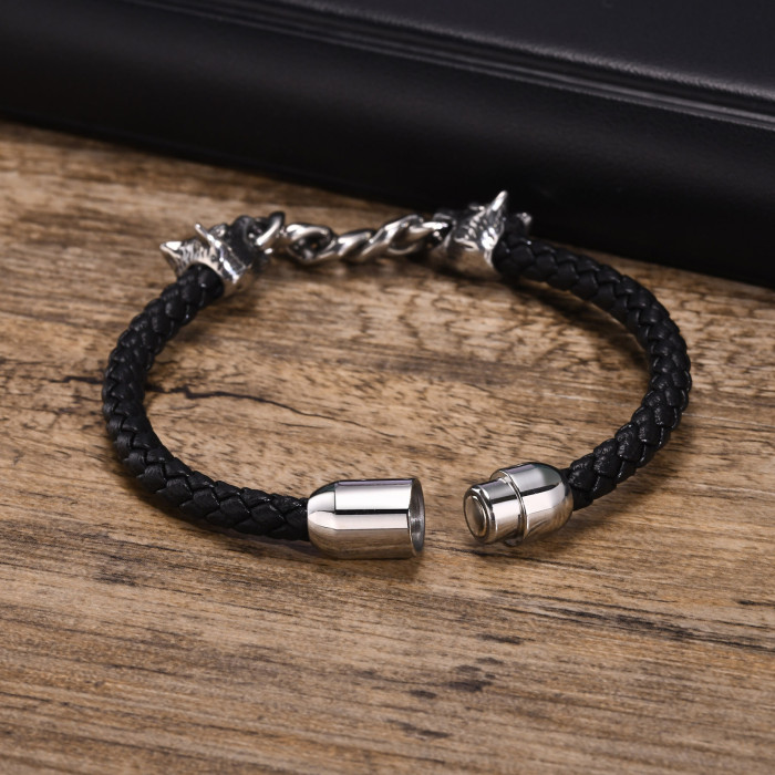 Wholesale Stainless Steel Chain and Leather Bracelet
