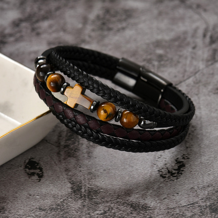 Wholesale Men's Tiger Eye Cross Leather Bracelet