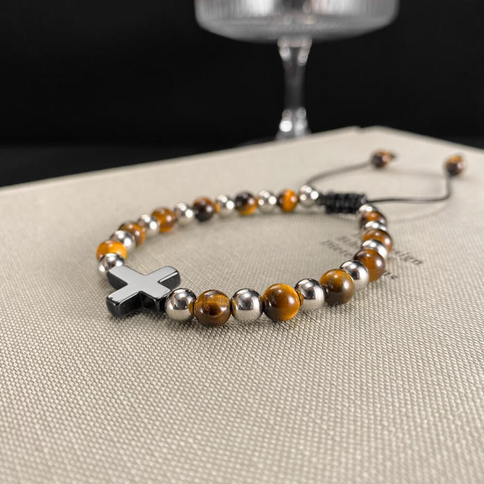 Wholesale Stainless Steel Tiger Eye Cross Bead Bracelet