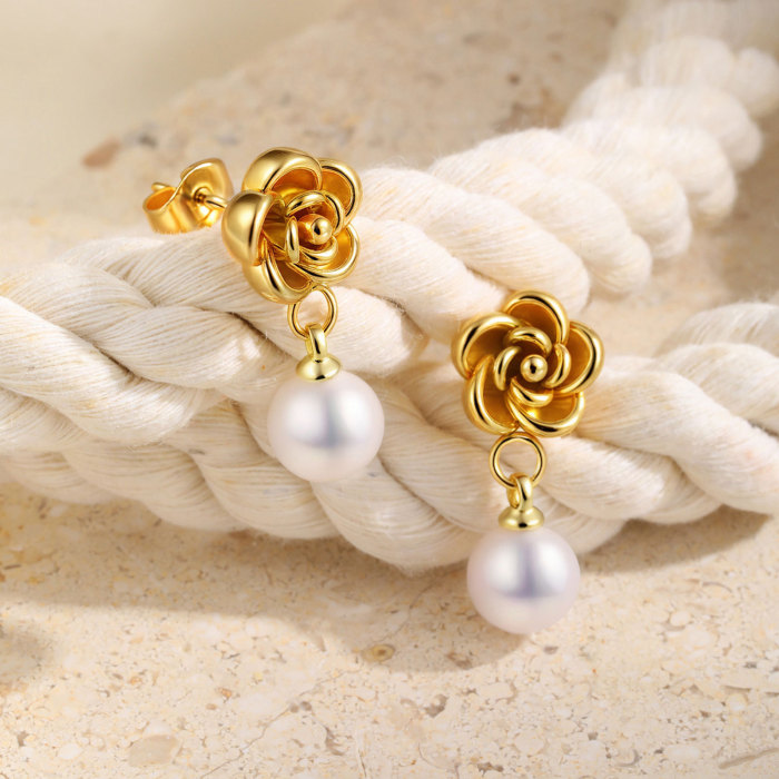 Wholesale Stainless Steel Camellia Pearl Earrings