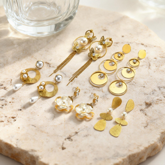 Wholesale Gold Plated Pearl & Flower Statement Dangle Earrings