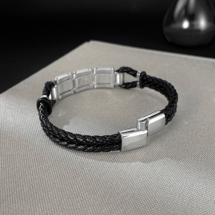 Wholesale Stainless Steel Double Braided Leather Bracelet