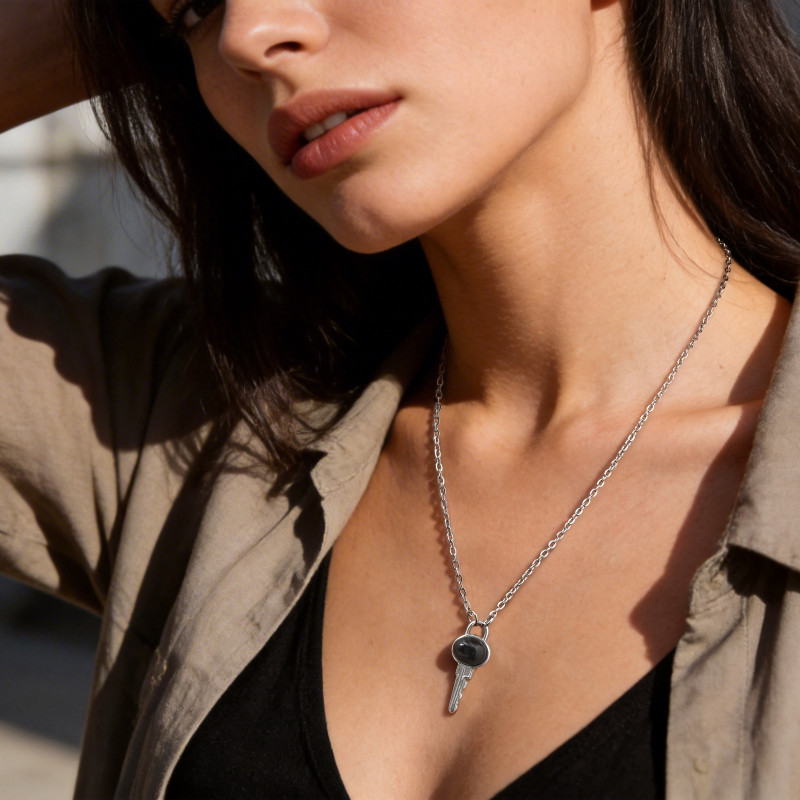 Wholesale Stainless Steel Black Agate Key Necklace