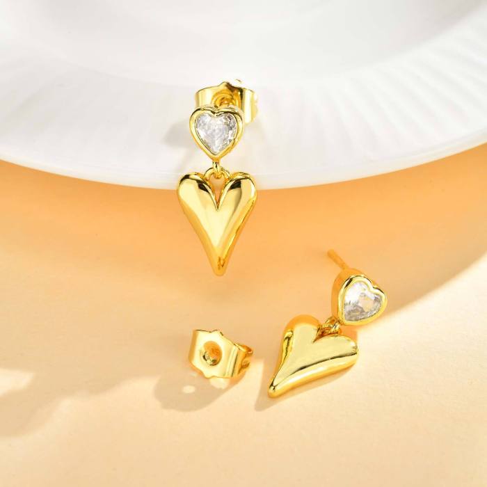 Wholesale Brass Heart Crystal Dangle Earrings