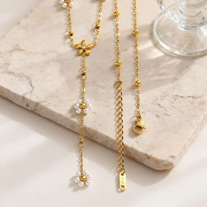 Wholesale Stainless Steel Pearl Flower Y-Necklace
