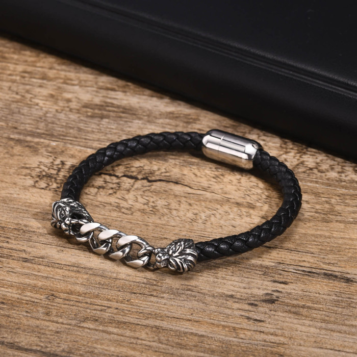 Wholesale Stainless Steel Chain and Leather Bracelet