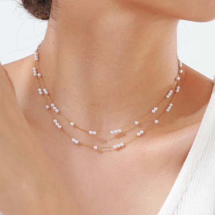 Wholesale Satinless Steel Layered Pearl Chain Necklace
