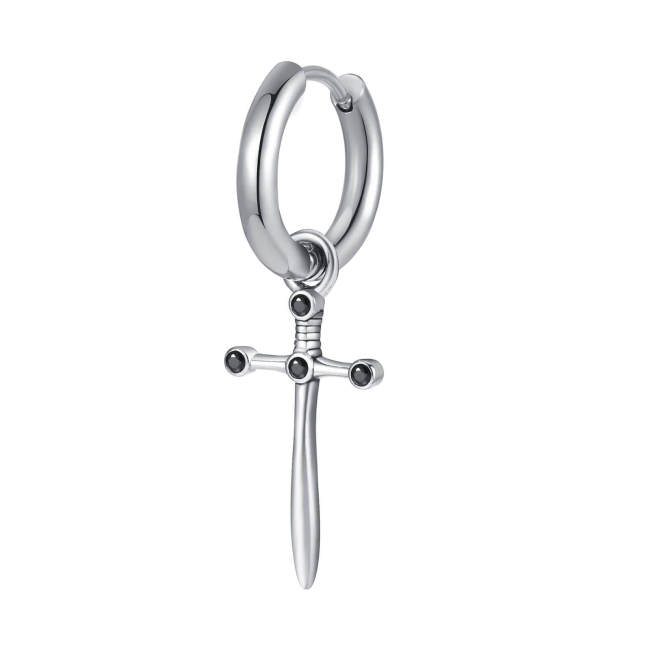 Wholesale Stainless Steel Mens Sword Cross Hoop Earring